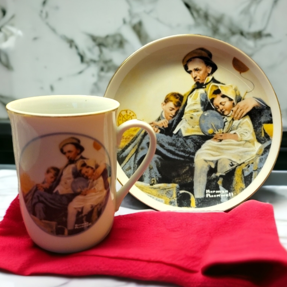 Vtg Mug & Plate Gold Trimmed Norman Rockwell IMM